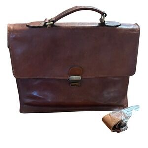 Old Angler VTG Italy Leather Briefcase Messenger Bag Cognac Brown Flap Over